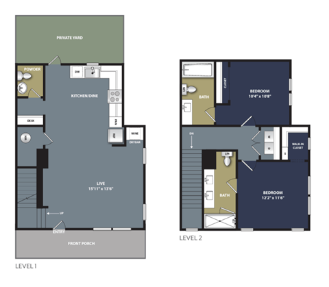 Floor plan for 2 beds, 2.5 baths, 1133 sqft